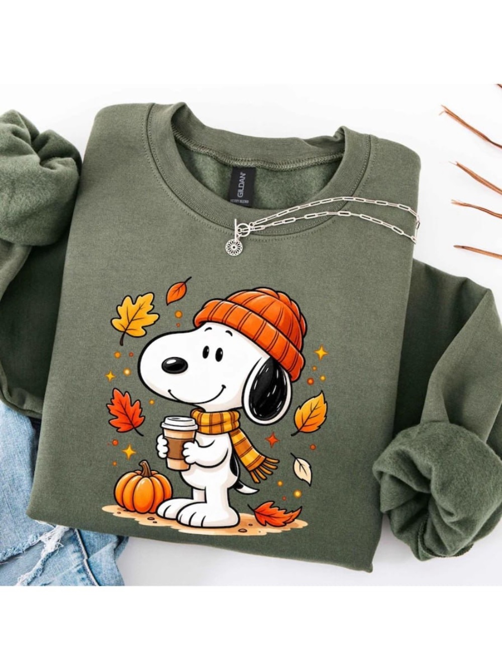 Military Green Snoopy Fall Graphic Sweatshirt with Orange Accents